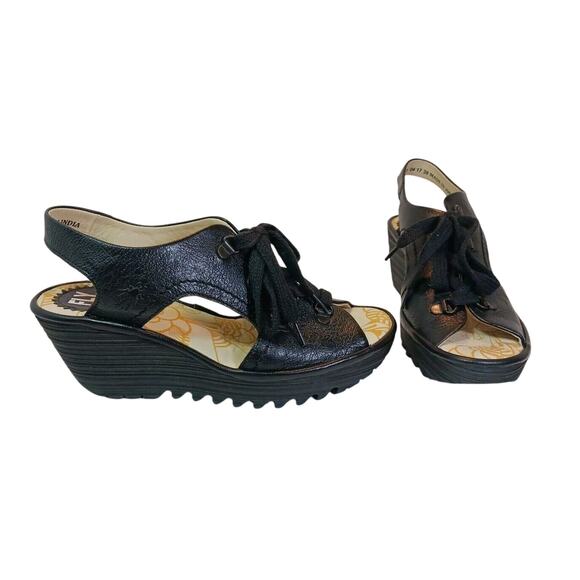 $165 Fly London YLFA Black Leather Platform Wedge Sandals Size 7.5 US 38 EU NEW - Picture 1 of 8